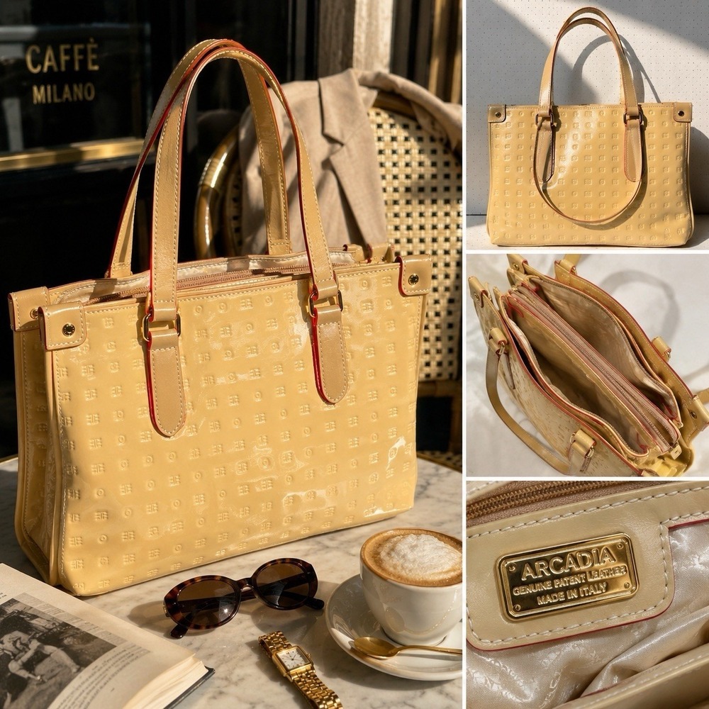 Vintage Italian Patent Leather Tote Bag Vanilla Cream Work Shoulder Purse
